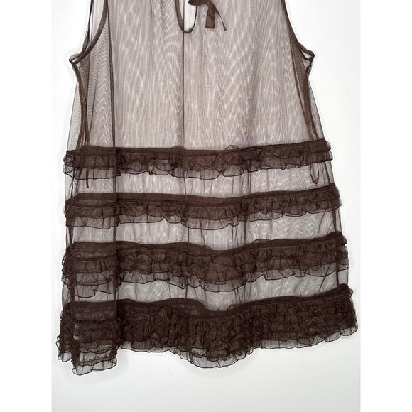 Free People Sheer Brown Tulle Ruffle Mini sexy  Dress with Bow Neck Tie large - Picture 10 of 11